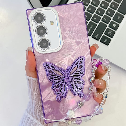 For Samsung Galaxy S25+ 5G Plating Glitter Lens Film Texture Butterfly Holder Wristband Phone Case(Purple Feathers) - Galaxy S25+ 5G Cases by PMC Jewellery | Online Shopping South Africa | PMC Jewellery | Buy Now Pay Later Mobicred