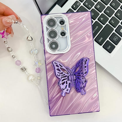 For Samsung Galaxy S25 Ultra 5G Plating Glitter Lens Film Texture Butterfly Holder Wristband Phone Case(White Wrinkles) - Galaxy S25 Ultra 5G Cases by PMC Jewellery | Online Shopping South Africa | PMC Jewellery | Buy Now Pay Later Mobicred