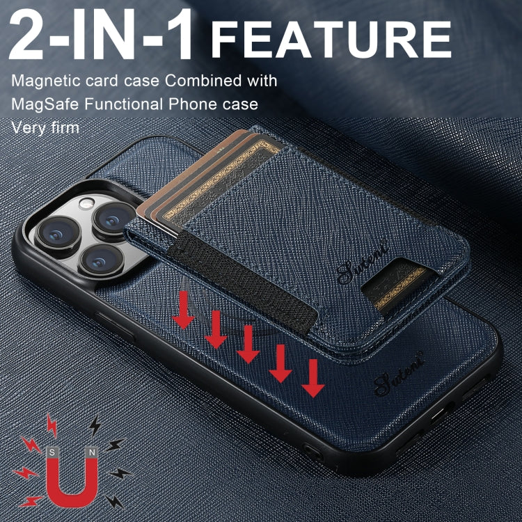 For iPhone 15 Pro Suteni H17 Cross Grain Leather MagSafe Detachable Wallet Phone Case(Blue) - iPhone 15 Pro Cases by Suteni | Online Shopping South Africa | PMC Jewellery | Buy Now Pay Later Mobicred