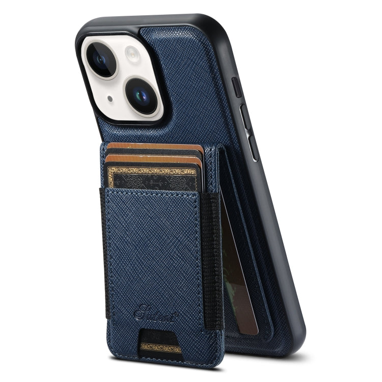 For iPhone 14 Plus Suteni H17 Cross Grain Leather MagSafe Detachable Wallet Phone Case(Blue) - iPhone 14 Plus Cases by Suteni | Online Shopping South Africa | PMC Jewellery | Buy Now Pay Later Mobicred