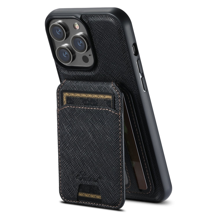 For iPhone 15 Pro Max Suteni H18 Cross Grain MagSafe Wallet Leather Phone Case(Black) - iPhone 15 Pro Max Cases by Suteni | Online Shopping South Africa | PMC Jewellery | Buy Now Pay Later Mobicred