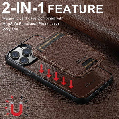 For iPhone 15 Suteni H18 Cross Grain MagSafe Wallet Leather Phone Case(Brown) - iPhone 15 Cases by Suteni | Online Shopping South Africa | PMC Jewellery | Buy Now Pay Later Mobicred