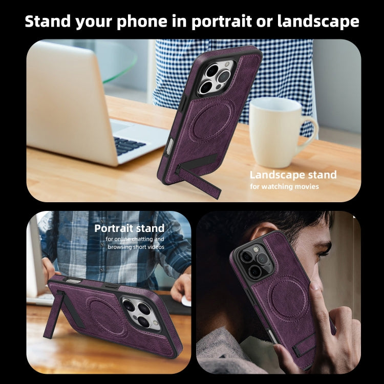 For iPhone 16 Pro Max Multi-function Holder MagSafe PU Phone Case(Purple) - More iPhone Cases by PMC Jewellery | Online Shopping South Africa | PMC Jewellery | Buy Now Pay Later Mobicred