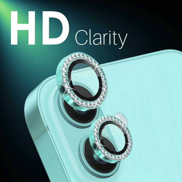 For iPhone 16 / 16 Plus NORTHJO Rhinestone Camera Lens Protector Tempered Glass Metal Ring Film(Cyan) - iPhone 16 Tempered Glass by NORTHJO | Online Shopping South Africa | PMC Jewellery | Buy Now Pay Later Mobicred