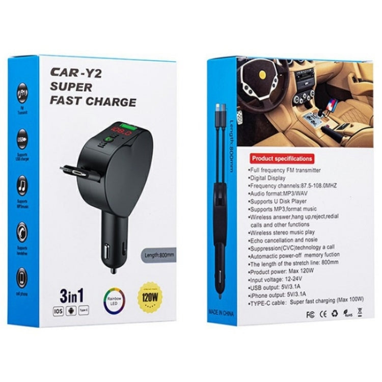 Y2 With Type-C Retractable Cables Car Bluetooth MP3 Player Hands-Free Call Adapter - Bluetooth Car Kits by PMC Jewellery | Online Shopping South Africa | PMC Jewellery | Buy Now Pay Later Mobicred