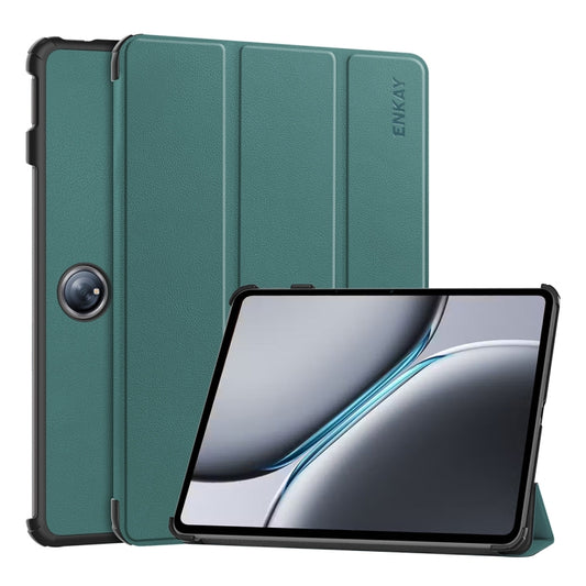 For OnePlus Pad 2 / Pad Pro 12.1 ENKAY Tri-fold Custer Texture Platic Leather Smart Tablet Case(Dark Green) - Others by ENKAY | Online Shopping South Africa | PMC Jewellery | Buy Now Pay Later Mobicred