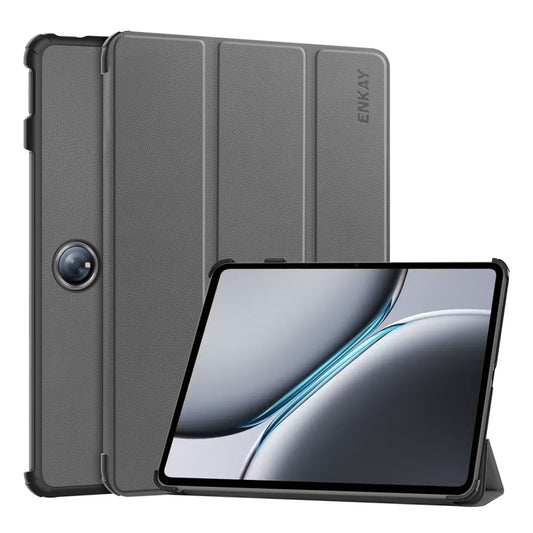 For OnePlus Pad 2 / Pad Pro 12.1 ENKAY Tri-fold Custer Texture Platic Leather Smart Tablet Case(Grey) - Others by ENKAY | Online Shopping South Africa | PMC Jewellery | Buy Now Pay Later Mobicred