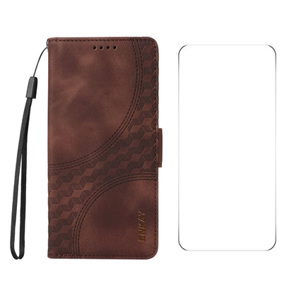 For iPhone 16 Plus ENKAY Embossed Rhombus Starry Leather Phone Case with Screen Film(Brown) - iPhone 16 Plus Cases by ENKAY | Online Shopping South Africa | PMC Jewellery | Buy Now Pay Later Mobicred