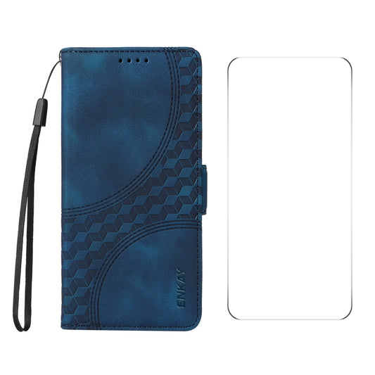 For iPhone 16 Pro Max ENKAY Embossed Rhombus Starry Leather Phone Case with Screen Film(Blue) - iPhone 16 Pro Max Cases by ENKAY | Online Shopping South Africa | PMC Jewellery | Buy Now Pay Later Mobicred