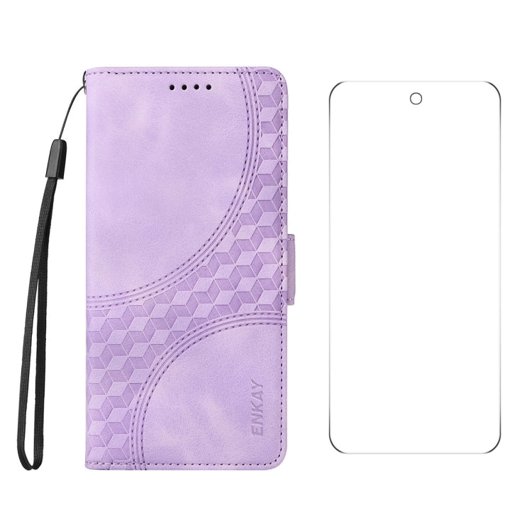 For Google Pixel 9 Pro ENKAY Embossed Rhombus Starry Leather Phone Case with Screen Film(Purple) - Google Cases by ENKAY | Online Shopping South Africa | PMC Jewellery | Buy Now Pay Later Mobicred