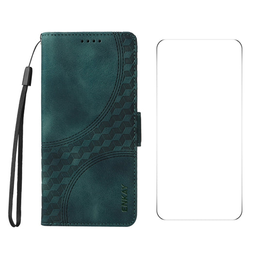 For Google Pixel 9 Pro XL ENKAY Embossed Rhombus Starry Leather Phone Case with Screen Film(Green) - Google Cases by ENKAY | Online Shopping South Africa | PMC Jewellery | Buy Now Pay Later Mobicred