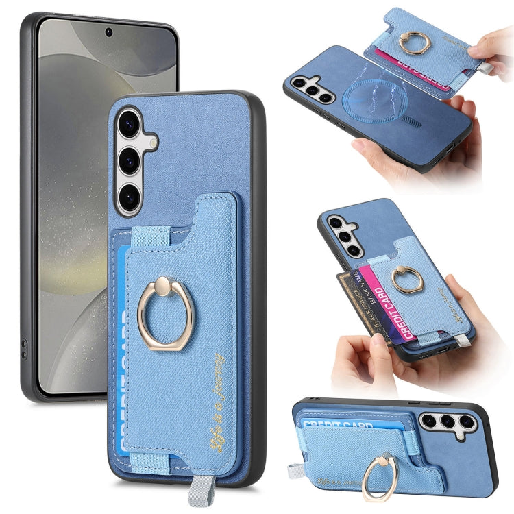 For Samsung Galaxy S25+ 5G Retro Cross Leather Ring Horizontal Insert Card Bag MagSafe Phone Case(Blue) - Galaxy S25+ 5G Cases by PMC Jewellery | Online Shopping South Africa | PMC Jewellery | Buy Now Pay Later Mobicred