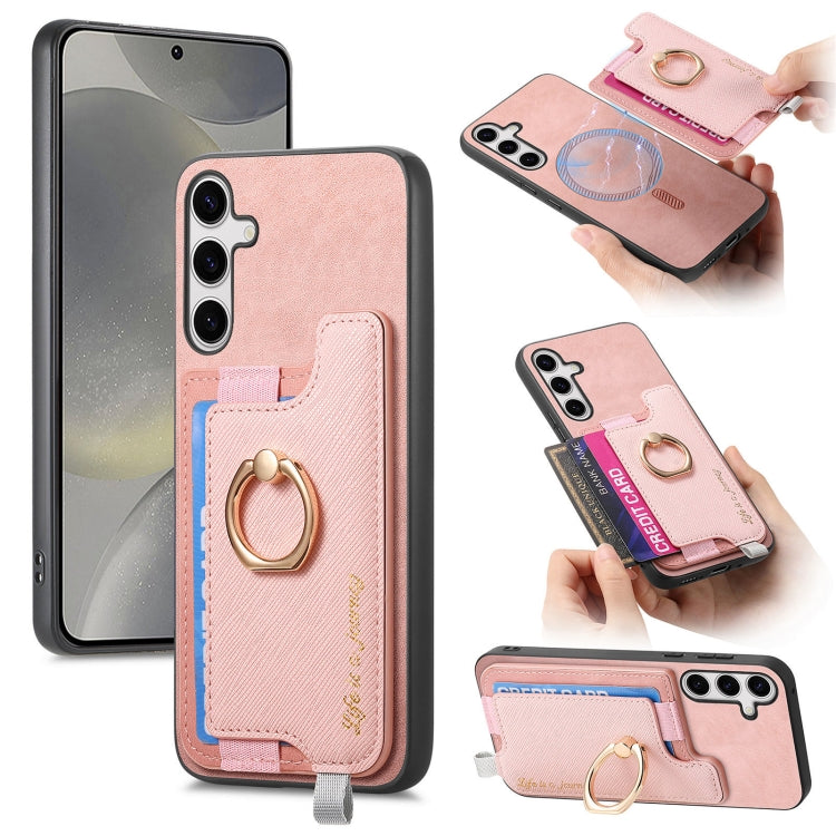 For Samsung Galaxy S25 Ultra 5G Retro Cross Leather Ring Horizontal Insert Card Bag MagSafe Phone Case(Pink) - Galaxy S25 Ultra 5G Cases by PMC Jewellery | Online Shopping South Africa | PMC Jewellery | Buy Now Pay Later Mobicred