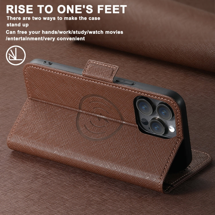 For iPhone 16 Suteni J08 Multifunctional Cross Texture MagSafe Leather Phone Case(Brown) - iPhone 16 Cases by Suteni | Online Shopping South Africa | PMC Jewellery | Buy Now Pay Later Mobicred