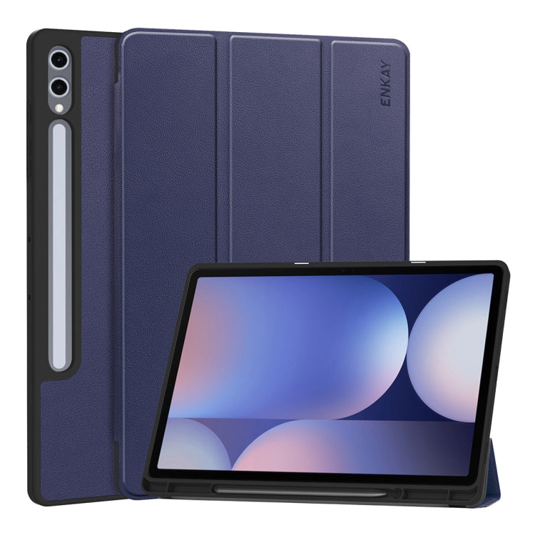 For Samsung Galaxy Tab S10+ / S9+ / S9 FE+ ENKAY Tri-fold Custer Texture TPU Leather Smart Tablet Case with Pen Slot(Dark Blue) - Galaxy Tab S9+ Cases by ENKAY | Online Shopping South Africa | PMC Jewellery | Buy Now Pay Later Mobicred