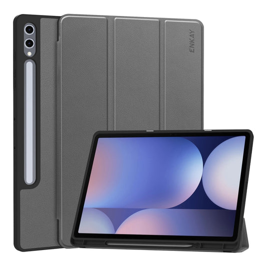 For Samsung Galaxy Tab S10 Ultra / S9 Ultra ENKAY Tri-fold Custer Texture TPU Leather Smart Tablet Case with Pen Slot(Grey) - Galaxy Tab S9 Ultra Cases by ENKAY | Online Shopping South Africa | PMC Jewellery | Buy Now Pay Later Mobicred