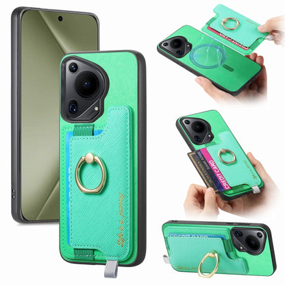 For Huawei Pura 70 Ultra Retro Magsafe Cross Leather Ring Holder Card Bag Phone Case(Green) - Huawei Cases by PMC Jewellery | Online Shopping South Africa | PMC Jewellery | Buy Now Pay Later Mobicred