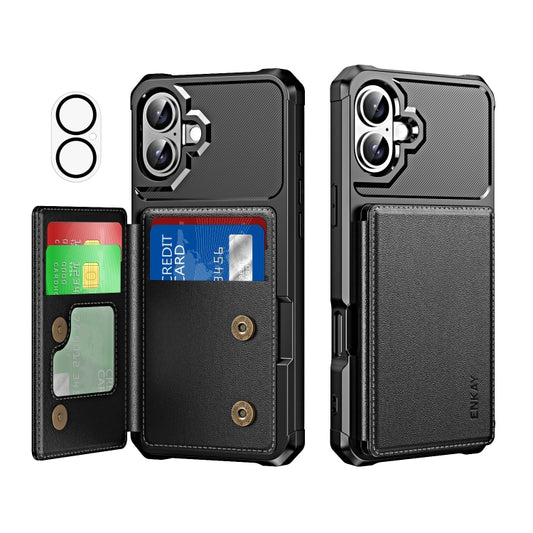 For iPhone 16 Plus ENKAY Hat-Prince Card Slot Wallet TPU Back Leather Phone Case with Lens Film(Black) - iPhone 16 Plus Cases by ENKAY | Online Shopping South Africa | PMC Jewellery | Buy Now Pay Later Mobicred