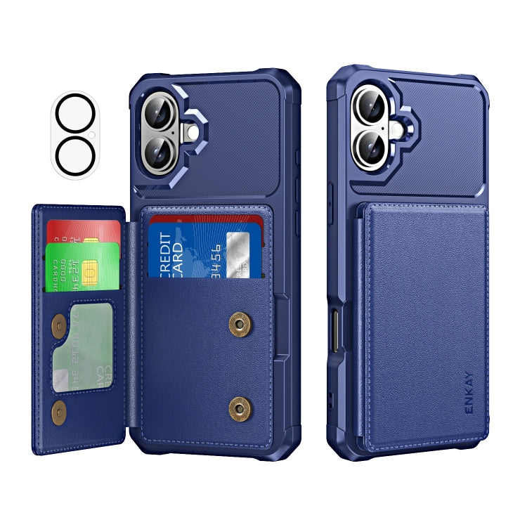 For iPhone 16 Plus ENKAY Hat-Prince Card Slot Wallet TPU Back Leather Phone Case with Lens Film(Dark Blue) - iPhone 16 Plus Cases by ENKAY | Online Shopping South Africa | PMC Jewellery | Buy Now Pay Later Mobicred