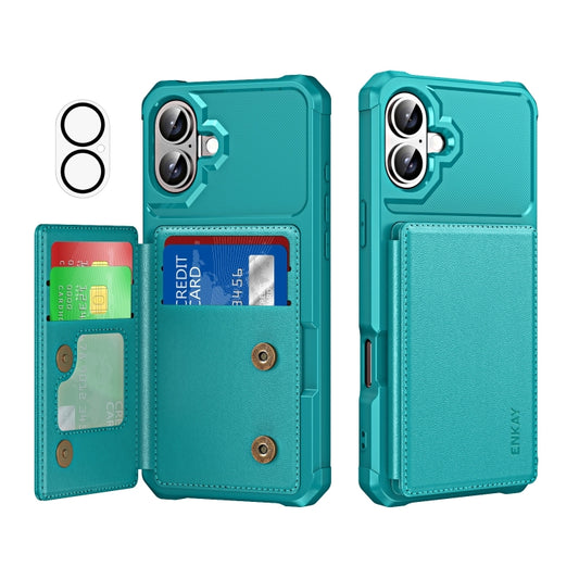 For iPhone 16 Plus ENKAY Hat-Prince Card Slot Wallet TPU Back Leather Phone Case with Lens Film(Cyan) - iPhone 16 Plus Cases by ENKAY | Online Shopping South Africa | PMC Jewellery | Buy Now Pay Later Mobicred