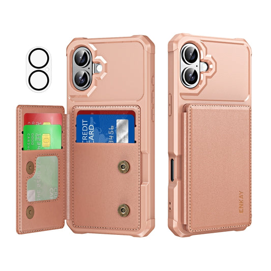 For iPhone 16 ENKAY Hat-Prince Card Slot Wallet TPU Back Leather Phone Case with Lens Film(Rose Gold) - iPhone 16 Cases by ENKAY | Online Shopping South Africa | PMC Jewellery | Buy Now Pay Later Mobicred