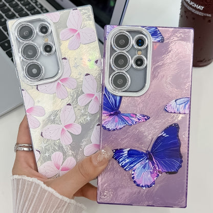 For Samsung Galaxy S25 5G Plating Texture Butterfly TPU Phone Case with Glitter Lens Film(Purple Butterflies HU4) - Galaxy S25 5G Cases by PMC Jewellery | Online Shopping South Africa | PMC Jewellery | Buy Now Pay Later Mobicred