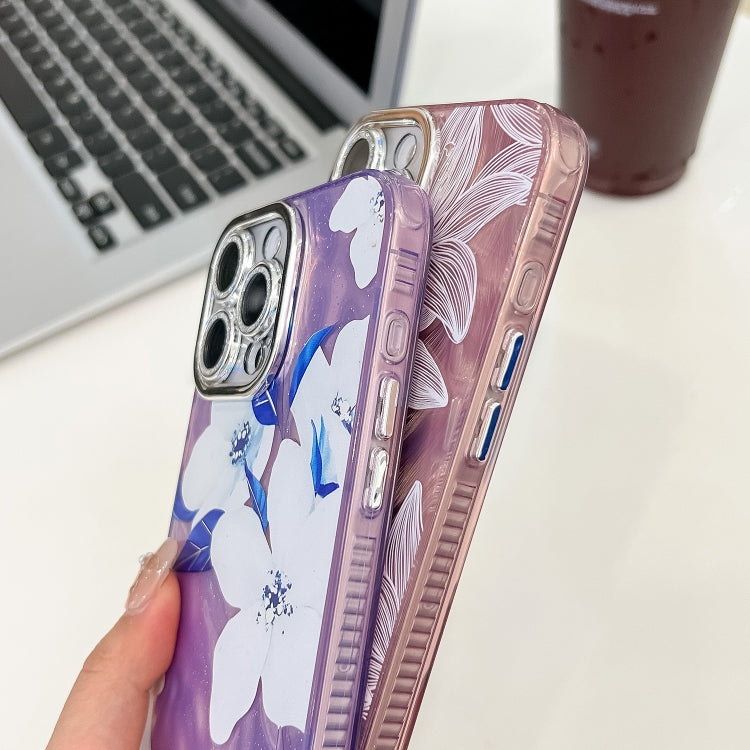 For iPhone 16e Electroplating Flowers Plants Texture TPU Phone Case(Blue Flower FL13) - iPhone 16e Cases by PMC TechLife | Online Shopping South Africa | PMC TechLife | Buy Now Pay Later Mobicred