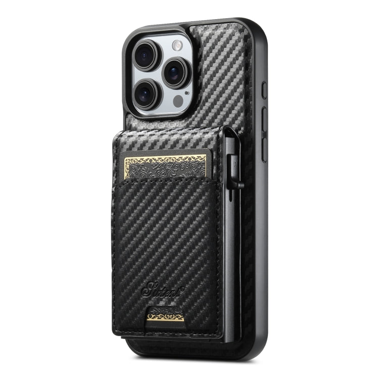 For iPhone 16 Pro Suteni H19 Carbon Fiber Grain 2-in-1 MagSafe Removable Card Box Back Phone Case(Black) - iPhone 16 Pro Cases by Suteni | Online Shopping South Africa | PMC Jewellery | Buy Now Pay Later Mobicred