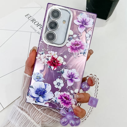 For Samsung Galaxy S25 5G Electroplating Flowers Plants Texture Wristband TPU Phone Case(Purple Flowers FL1) - Galaxy S25 5G Cases by PMC Jewellery | Online Shopping South Africa | PMC Jewellery | Buy Now Pay Later Mobicred