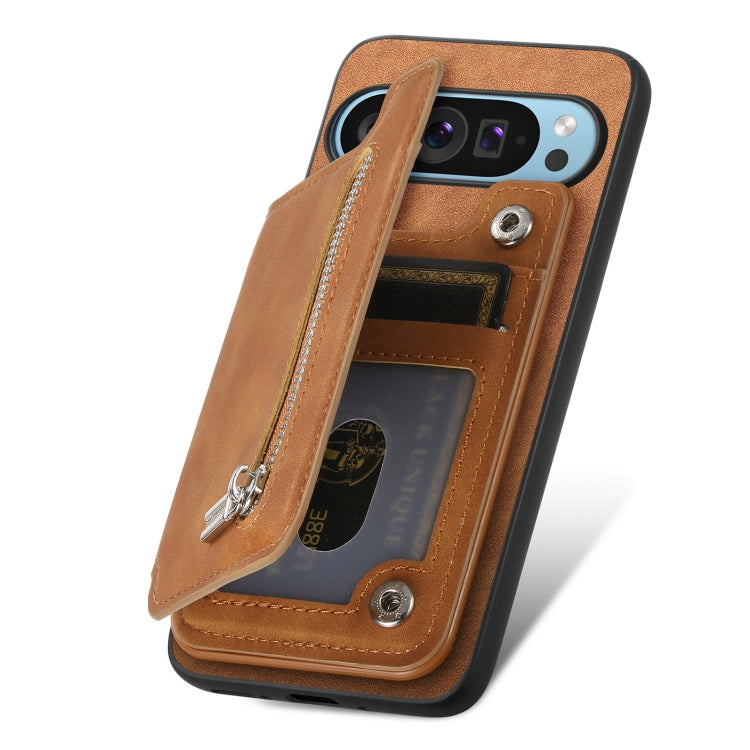 For Google Pixel 8 Pro Retro MagSafe Zipper Wallet Card Bag Back Phone Case(Brown) - Google Cases by PMC TechLife | Online Shopping South Africa | PMC TechLife | Buy Now Pay Later Mobicred