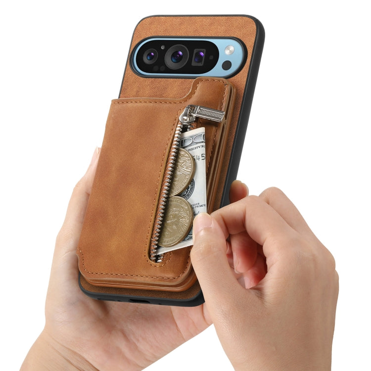 For Google Pixel 8 Pro Retro MagSafe Zipper Wallet Card Bag Back Phone Case(Brown) - Google Cases by PMC TechLife | Online Shopping South Africa | PMC TechLife | Buy Now Pay Later Mobicred