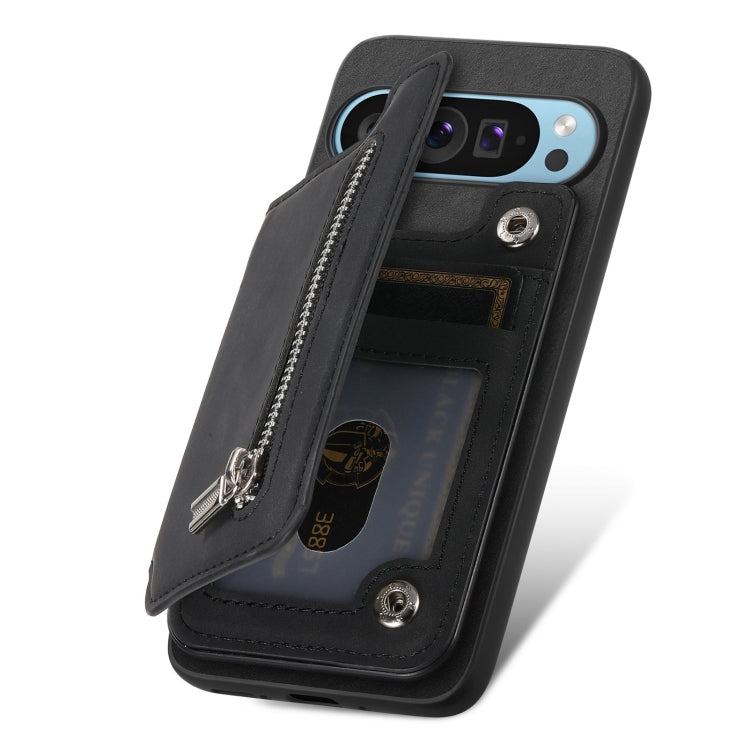 For Google Pixel 8 Pro Retro MagSafe Zipper Wallet Card Bag Back Phone Case(Black) - Google Cases by PMC TechLife | Online Shopping South Africa | PMC TechLife | Buy Now Pay Later Mobicred