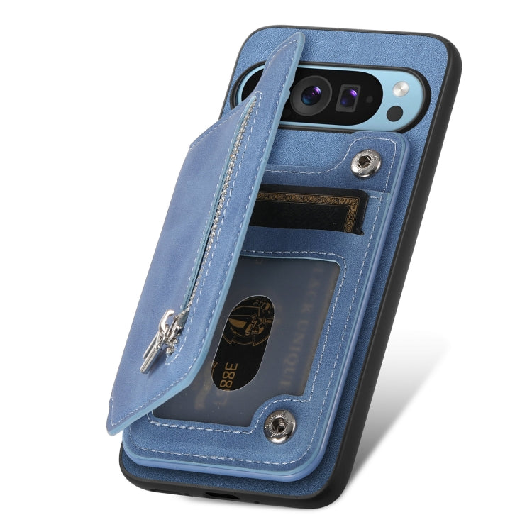 For Google Pixel 9 / 9 Pro Retro MagSafe Zipper Wallet Card Bag Back Phone Case(Blue) - Google Cases by PMC TechLife | Online Shopping South Africa | PMC TechLife | Buy Now Pay Later Mobicred