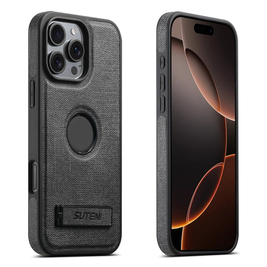 For iPhone 16 Pro Suteni G2 Holder Denim Leather Back MagSafe Phone Case(Black) - iPhone 16 Pro Cases by Suteni | Online Shopping South Africa | PMC Jewellery | Buy Now Pay Later Mobicred