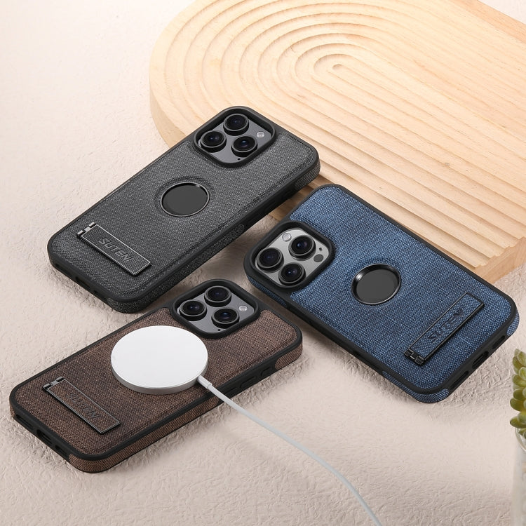 For iPhone 16 Suteni G2 Holder Denim Leather Back MagSafe Phone Case(Brown) - iPhone 16 Cases by Suteni | Online Shopping South Africa | PMC Jewellery | Buy Now Pay Later Mobicred