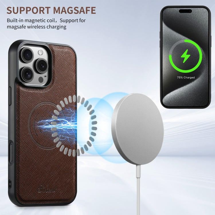 For iPhone 16 Pro Max Suteni H20 Cross-Grain MagSafe Horizontal Card Bag Back Phone Case(Brown) - iPhone 16 Pro Max Cases by Suteni | Online Shopping South Africa | PMC Jewellery | Buy Now Pay Later Mobicred