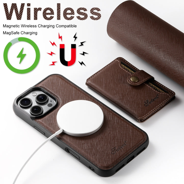 For iPhone 16 Suteni H20 Cross-Grain MagSafe Horizontal Card Bag Back Phone Case(Brown) - iPhone 16 Cases by Suteni | Online Shopping South Africa | PMC Jewellery | Buy Now Pay Later Mobicred