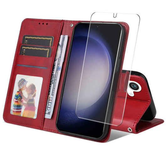 For Samsung Galaxy S25+ 5G ENKAY Card Wallet Calf Texture Leather Phone Case with Screen Film(Red) - Galaxy S25+ 5G Cases by ENKAY | Online Shopping South Africa | PMC Jewellery | Buy Now Pay Later Mobicred