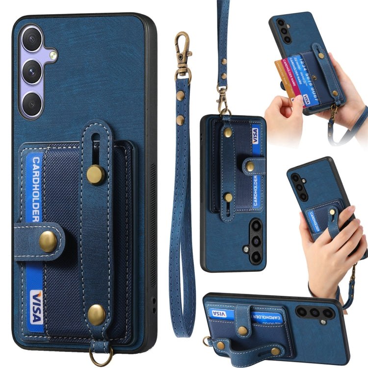 For Samsung Galaxy S25 5G Retro Cross Wristband Wallet Leather Back Phone Case(Blue) - Galaxy S25 5G Cases by PMC Jewellery | Online Shopping South Africa | PMC Jewellery | Buy Now Pay Later Mobicred