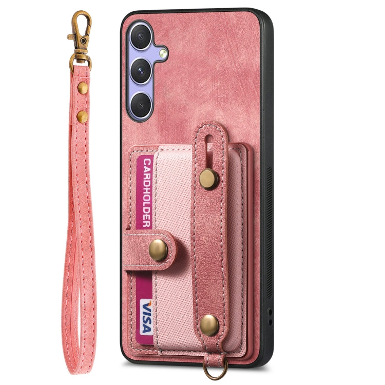 For Samsung Galaxy S25+ 5G Retro Cross Wristband Wallet Leather Back Phone Case(Pink) - Galaxy S25+ 5G Cases by PMC Jewellery | Online Shopping South Africa | PMC Jewellery | Buy Now Pay Later Mobicred