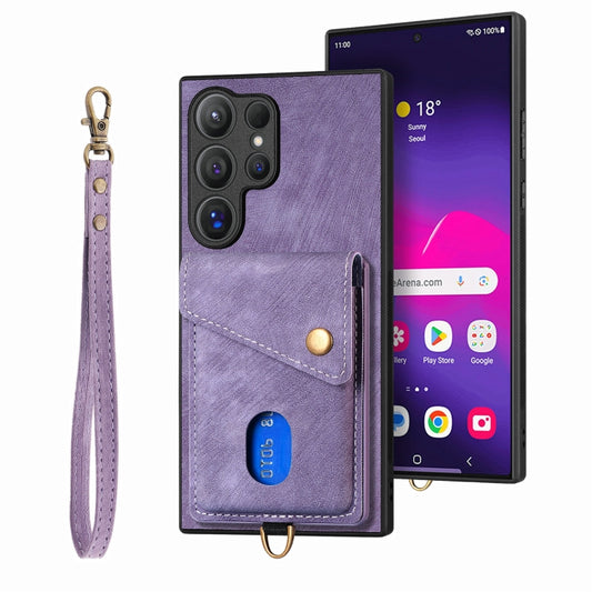 For Samsung Galaxy S25 Ultra 5G Retro Card Wallet Fold Leather Phone Case with Strap(Purple) - Galaxy S25 Ultra 5G Cases by PMC Jewellery | Online Shopping South Africa | PMC Jewellery | Buy Now Pay Later Mobicred