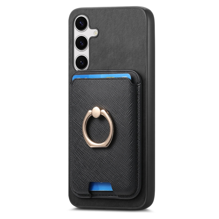 For Samsung Galaxy S25+ 5G Retro Cross Leather Ring Vertical Insert Card Bag MagSafe Phone Case(Black) - Galaxy S25+ 5G Cases by PMC Jewellery | Online Shopping South Africa | PMC Jewellery | Buy Now Pay Later Mobicred