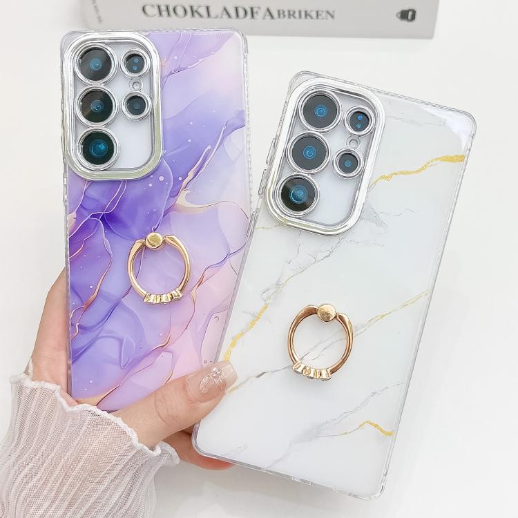 For Samsung Galaxy S25+ 5G Electroplated Marble Texture Ring Holder Phone Case(Blue Purple S10) - Galaxy S25+ 5G Cases by PMC Jewellery | Online Shopping South Africa | PMC Jewellery | Buy Now Pay Later Mobicred
