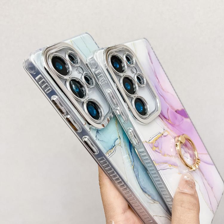 For Samsung Galaxy S25 Ultra 5G Electroplated Marble Texture Ring Holder Phone Case(Purple Blue S18) - Galaxy S25 Ultra 5G Cases by PMC Jewellery | Online Shopping South Africa | PMC Jewellery | Buy Now Pay Later Mobicred