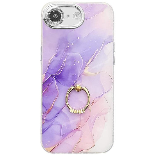 For iPhone 16e Electroplated Marble Texture Ring Holder Phone Case(Purple S3) - iPhone 16e Cases by PMC Jewellery | Online Shopping South Africa | PMC Jewellery | Buy Now Pay Later Mobicred