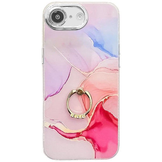 For iPhone 16e Electroplated Marble Texture Ring Holder Phone Case(Red S7) - iPhone 16e Cases by PMC Jewellery | Online Shopping South Africa | PMC Jewellery | Buy Now Pay Later Mobicred