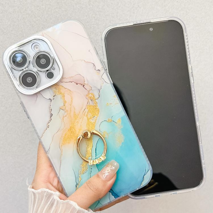 For iPhone 16e Electroplated Marble Texture Ring Holder Phone Case(Yellow Green S13) - iPhone 16e Cases by PMC TechLife | Online Shopping South Africa | PMC TechLife | Buy Now Pay Later Mobicred