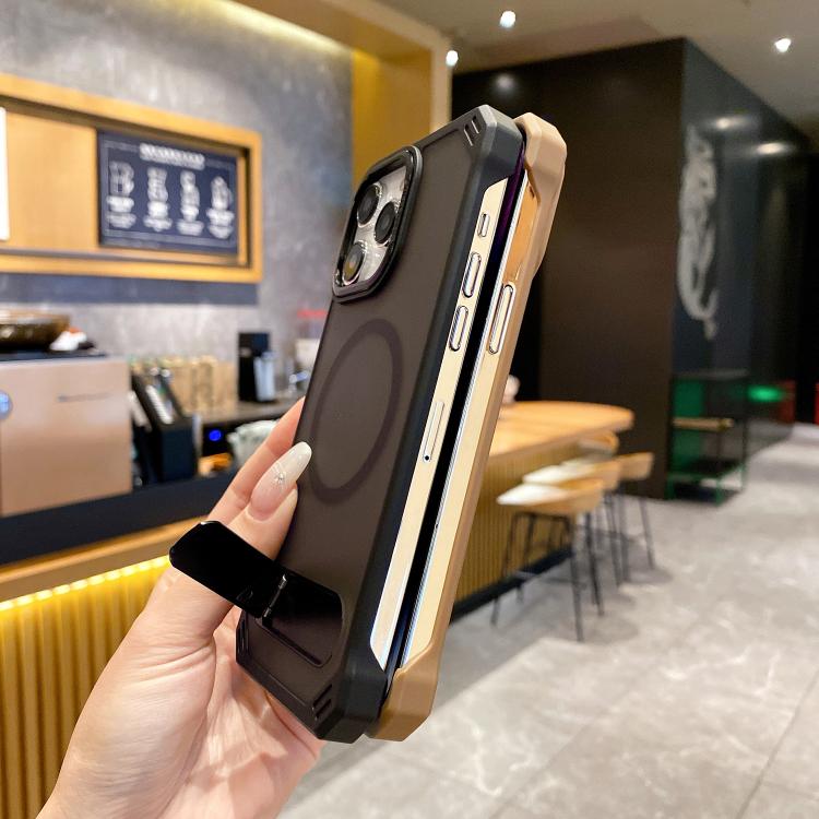 For iPhone 14 Skin Feel Frameless MagSafe PC Phone Case with Fold Holder(Desert Gold) - iPhone 14 Cases by PMc TechLife | Online Shopping South Africa | PMc TechLife | Buy Now Pay Later Mobicred