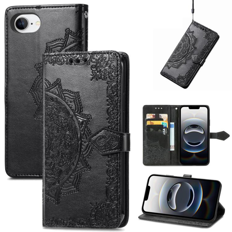 For iPhone 16e Mandala Flower Embossed Leather Phone Case(Black) - iPhone 16e Cases by PMC TechLife | Online Shopping South Africa | PMC TechLife | Buy Now Pay Later Mobicred