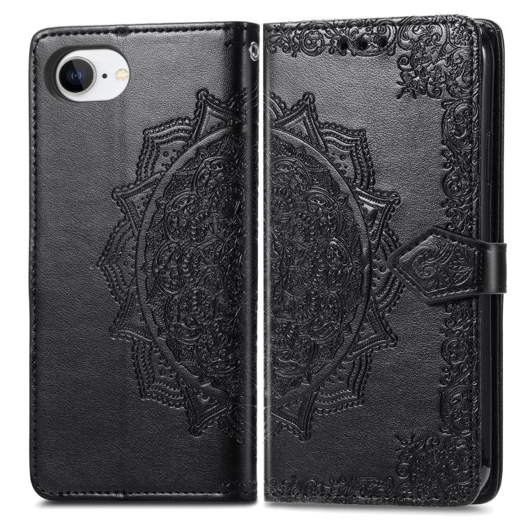 For iPhone 16e Mandala Flower Embossed Leather Phone Case(Black) - iPhone 16e Cases by PMC TechLife | Online Shopping South Africa | PMC TechLife | Buy Now Pay Later Mobicred